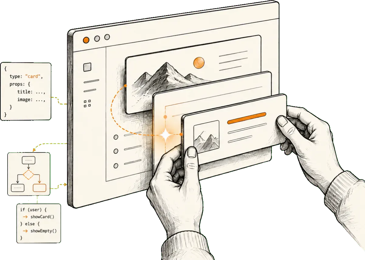 An app drawn open and exploded into its parts, every layer visible and understood