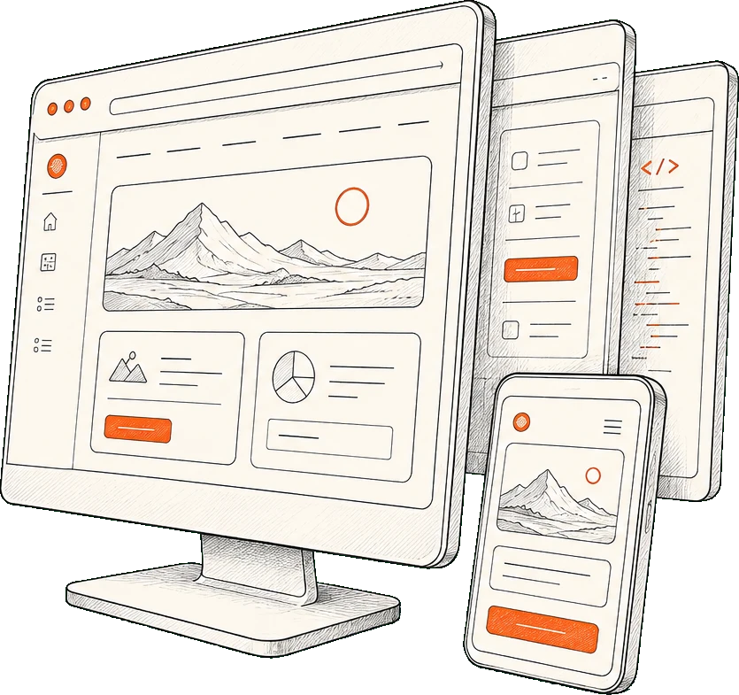 One app shown across a desktop, a tablet of code, and a phone, all drawn open and explained